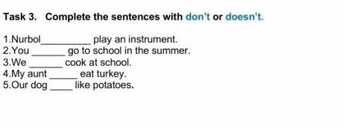 Task 3. Complete the sentences with don't or doesn't. 1. Nurbol2.Youslay an instrument.go to school