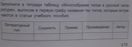 2. Заполните в тетради таблицу «Многообразие типов в русской лите- ратуре», выписав в первую графу н