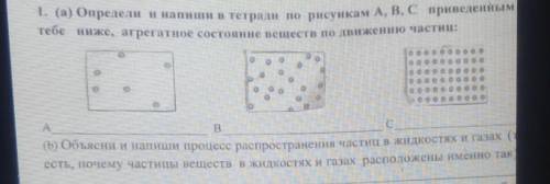 1. (а) Определи и напиши в тетради по рисункам А, В, С приведенным тебе ниже, агрегатное состояние в