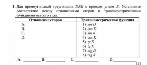 дан прямоугольный треугольник DKE с прямым углом E. Установите соответствие между отношениями сторон