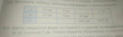 Заполните таблицу, используя информацию о прямоугольнике. Задание 512.