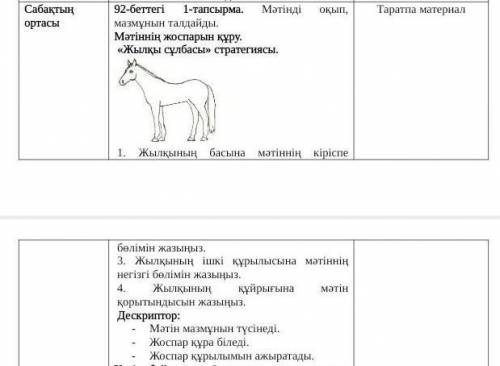 92-беттегі 1-тапсырма. Мәтінді оқып, мазмұнын талдайды. Мәтіннің жоспарын құру.«Жылқы сұлбасы» страт