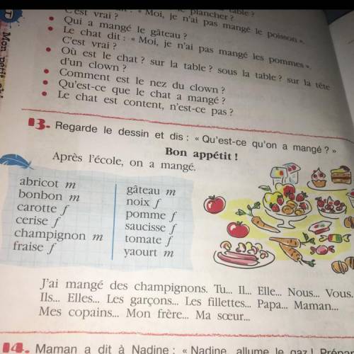 13. Regarde le dessin et dis : Après l'école, on a mangé. Bon appétit! abricot m bonbon m carotte f