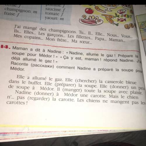 14. Maman a dit à Nadine : « Nadine, allume le gaz ! Prépare la soupe pour Médor ! » « Ça y est, mam