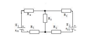 ЭЛЕКТРОТЕХНИКА В сложной электрической цепи E1=E2=160 В, R1=7 Ом, R2=6 Ом, R3=10 Ом, R4=R5=30 Ом, r0