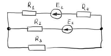 с задачей по электротехнике! Дано: Е1=25 В; Е2=45 В; R1=5 Ом; R2=5 Ом; R3=10 Ом; R4=5 Ом;Цель: Опред