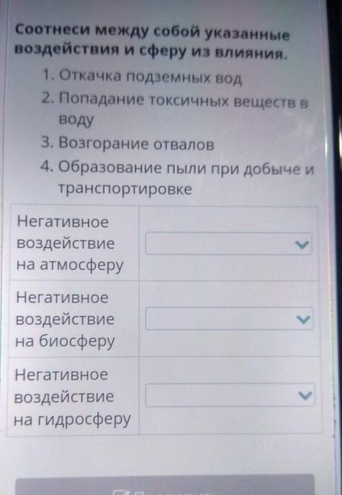 Соотнеси между собой указанные воздействия и сферу из влияния.1. Откачка подземных вод2. Попадание т