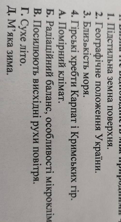 Визначте відповідність між природними чинниками та кліматичними особливостями території України:​