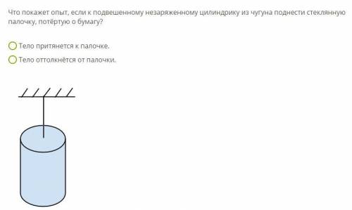 Что покажет опыт, если к подвешенному незаряженному цилиндрику из чугуна поднести стеклянную палочку