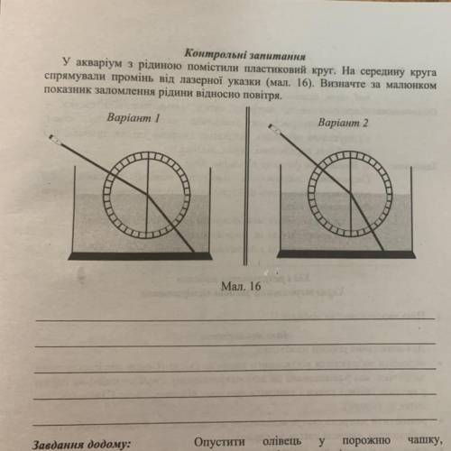 Контрольні запитання У акваріум з рідиною помістили пластиковий круг. На середину круга спрямували п