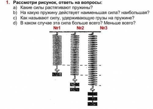 1. Рассмотри рисунок, ответь на вопросы: a) Какие силы растягивают пружины?b) На какую пружину дейст