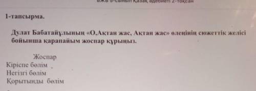 тапсырма. Дулат Бабатайұлының «О, Ақтан жас, Ақтан жас» өлеңінің сюжеттік желісібойынша қарапайым жо