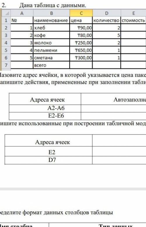 Дана таблица с данными. a) Назовите адрес ячейки, в которой указывается цена пакета молока [1б]b) За