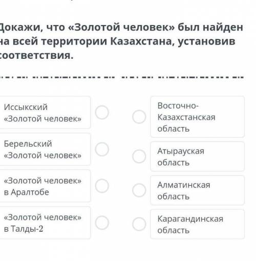 Докажи, что «золотой человек» был найден на всей территории казахстана, установив соответствия