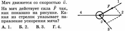 Мяч движется со скоростью На мяч действует сила F так, как показано на рисунке. Какая из стрелок ука