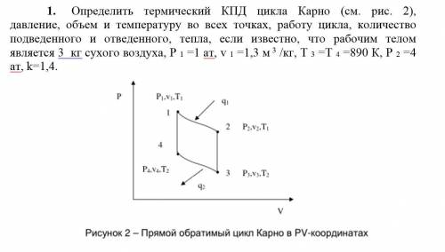 Определить термический КПД цикла Карно (см. рис. 2), давление, объем и температуру во всех точках, р