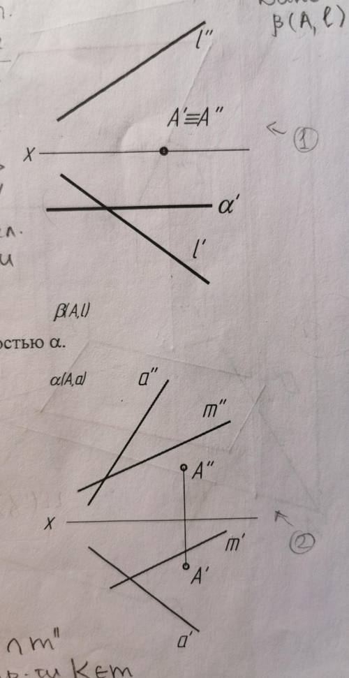 1.Построить линию пересечения плоскостей 2.построиь точку пересечения прямой m с плоскостью альфа​