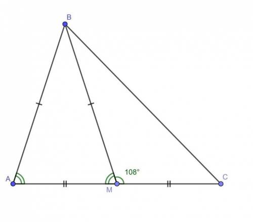 В треугольнике ABC проведена мадиана BM, причём BM=AB. Угол BMC=108⁰. Чему равен угол RAM ?​