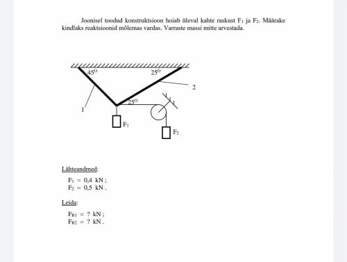 Нужно найти реакции стержней. Массу не учитывать. Рисунок в приложении, текст на эстонском, но вроде