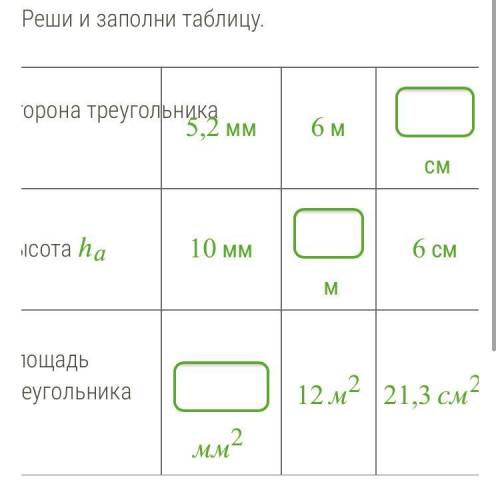 Условие задания: 3 Б. Реши и заполни таблицу. Сторона треугольника 5,2 мм 6 м см Высота ℎ 10 мм м