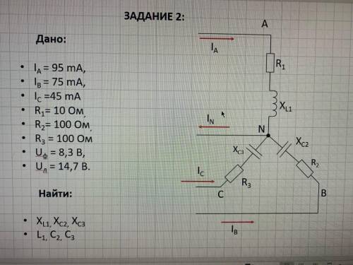 la=95mA lb=75 mA lc=45 mA r1=10ом r2=100ом r3=100ом Uф=8,3 в Uл=14,7 в НАЙТИ Xl1, Xc2, Xc3, l1, C2,