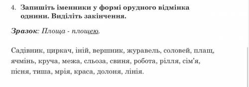 Запишіть іменники у формі орудного відмінка однини. Виділіть закінчення. Зразок: Площа - площею. Сад