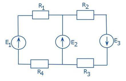 E1=80 В, Е2=64 В, Е3=80 В, R1=6 Ом, R2=5 Ом, R3=3 Ом, R4=2 Ом Рассчитать токи в электрической цепи с