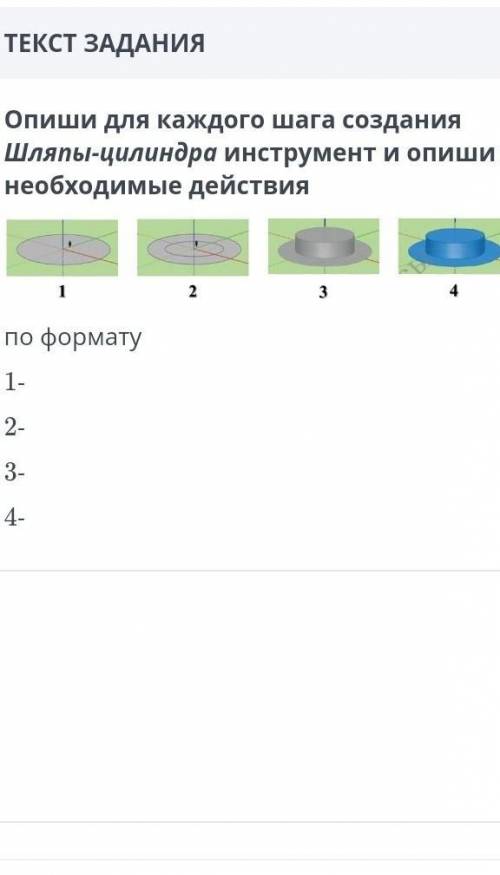 ТЕКСТ ЗАДАНИЯ Опиши для каждого шага создания Шляпы-цилиндра инструмент и опиши необходимые действия