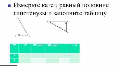 Измерьте катет, равный половинегипотенузы и заполните таблицу