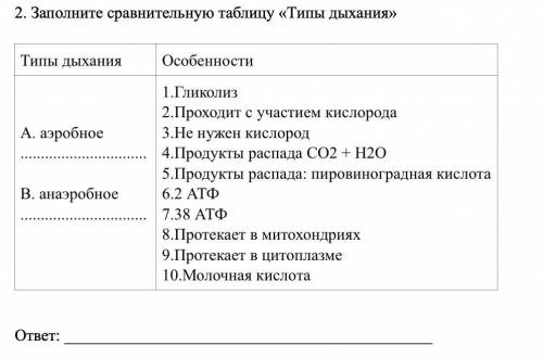 ЗАПОЛНИТЕ ТАБЛИЦУ типы дыхания