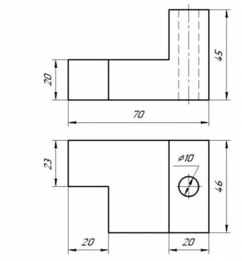 По двум заданным видам постройте третий вид, применив необходимые разрезы. На чертеже нанесите разме