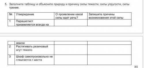 5. Заполните таблицу и объясните природу и причину силы тяжести, силы упругости, силы трения. № Утве