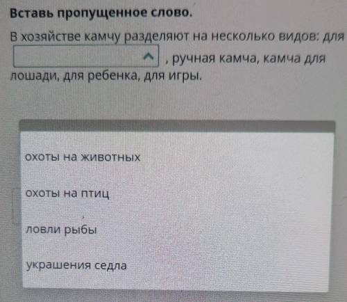 Вставь пропущенное слово. В хозяйстве камчу разделяют на несколько видов: Дляручная камча, камча для