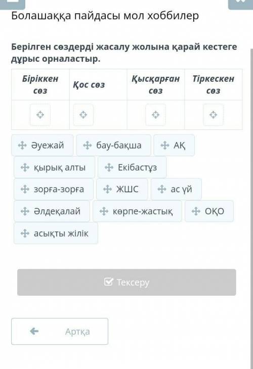 Болашаққа пайдасы мол хоббилер Берілген сөздерді жасалу жолына қарай кестеге дұрыс орналастыр.Бірікк