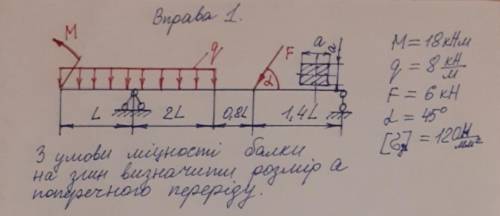 З умови міцності балки на згин визначити розмір а поперечного перерізу.