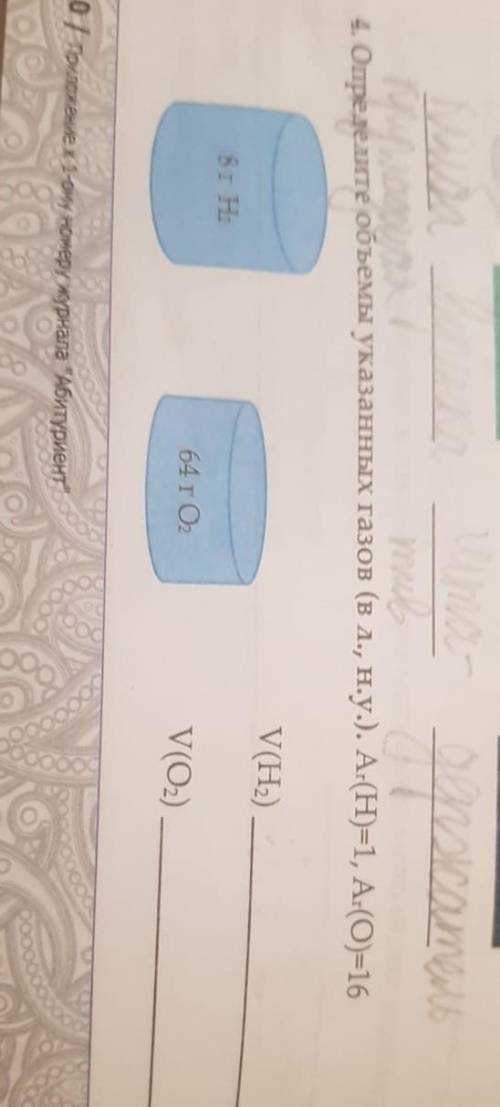 Определите объемы указанных газов ( в л.,н.у.) . Ar(H)=1, Ar( O) =16. V( H2)=V(O2)=