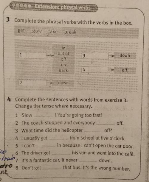 3 Complete the phrasal verbs with the verbs in the box. getbreakout ofom3downback42down4 Complete th