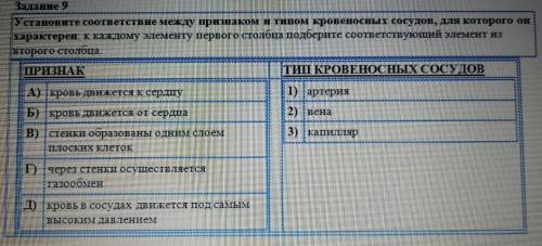 Установите соответствие между признаком и типом кровеносных сосудов для которого он характерен к каж