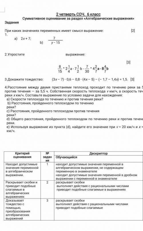 2 четверть СОЧ. 6 класс Суммативное оценивание за раздел «Алгебраические выражения»Задания При каких