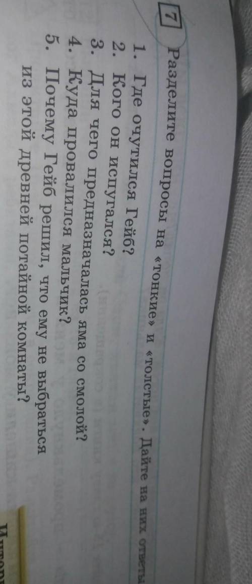 7 Разделите вопросы на «тонкие» и «толстые». Дайте на них ответы.1. Где очутился Гейб?2. Кого он исп