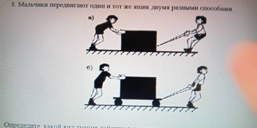 8. Мальчики передвигают один и тот же ящик двумя разными Определите, какой вид трения действует в эт