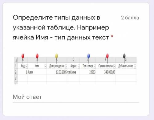 Определите типы данных в указанной таблице. Например ячейка Имя - тип данных текст *​