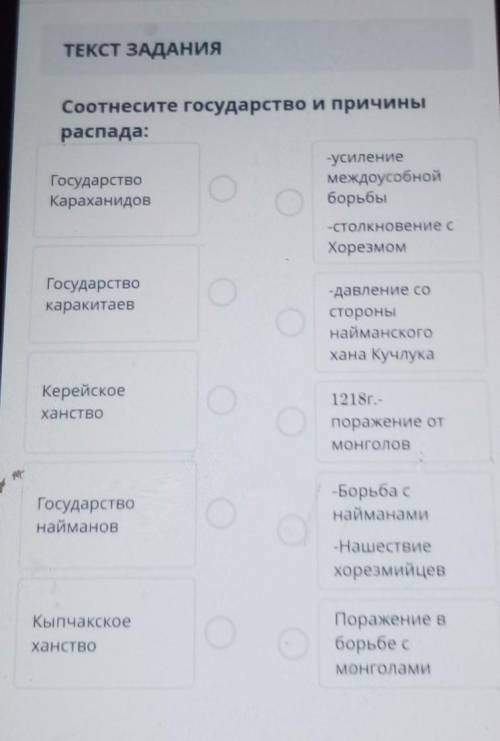 Соотнесите государство и причины распада:-усилениеГосударствомеждоусобнойКараханидовборьбы-Столкнове