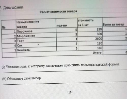 Расчет стоимости товара НаименованиеN2Кол-вотовара1 Пирожное2 Мороженое3 Торт4 COK5) Конфетыстоимост