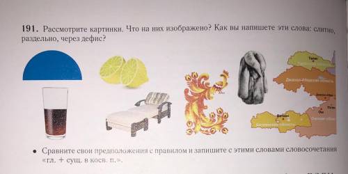 191. Рассмотрите картинки. Что на них изображено? Как вы напишете эти слова: слитно, раздельно, чере