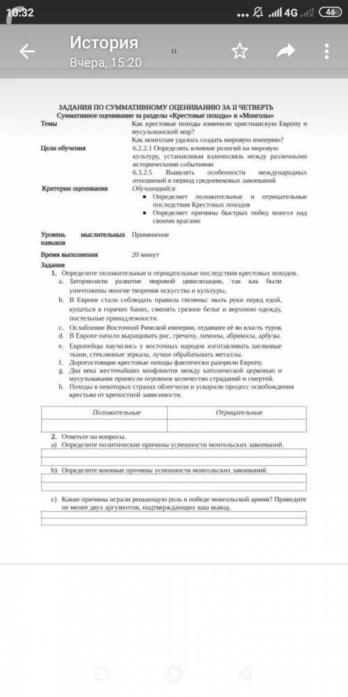 ЗАДАНИЯ ПО СУММАТИВНОМУ ОЦЕНИВАНИЮ ЗА П ЧЕТВЕРТЬ Сумматинное оценивание за разделы «Крестовые походы