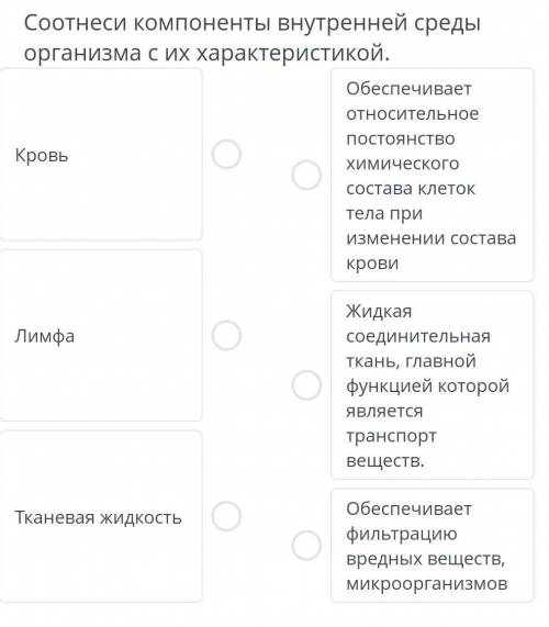 Соотнесите компоненты внутренней среды организма с их характеристикой​