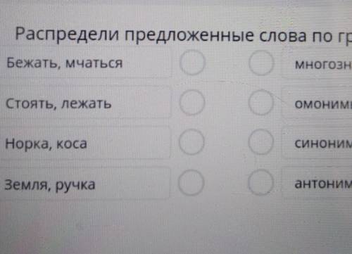 Распредели предложенные слова по группам Бежать, мчатьсяО многозначные словаСтоять, лежатьОМОНИМЫНор