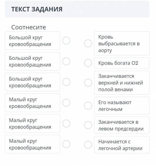 Соотнесите Большой круг к, ровообращения Кровь выбрасывается в aорту Большой круг кровообращения Кро