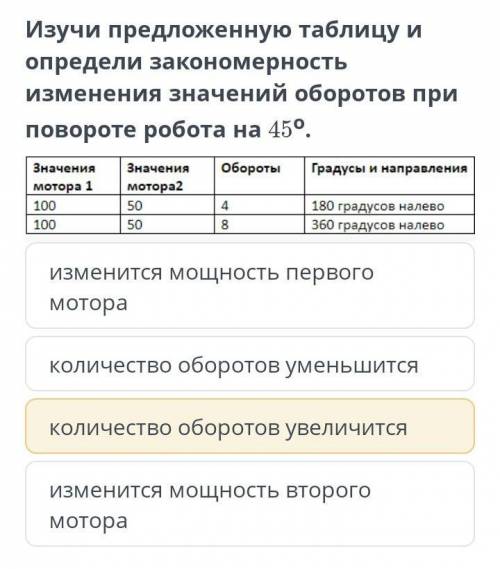 изучи предложенную таблицу и определи закономерность изменения значений оборотов при повороте робота